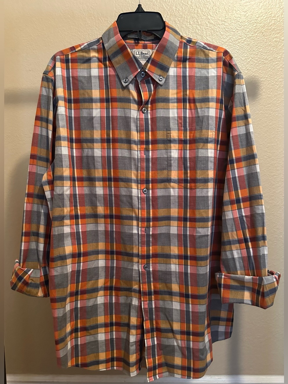L.L. Bean Men's Orange Plaid Button-Down Long Sleeve Shirt